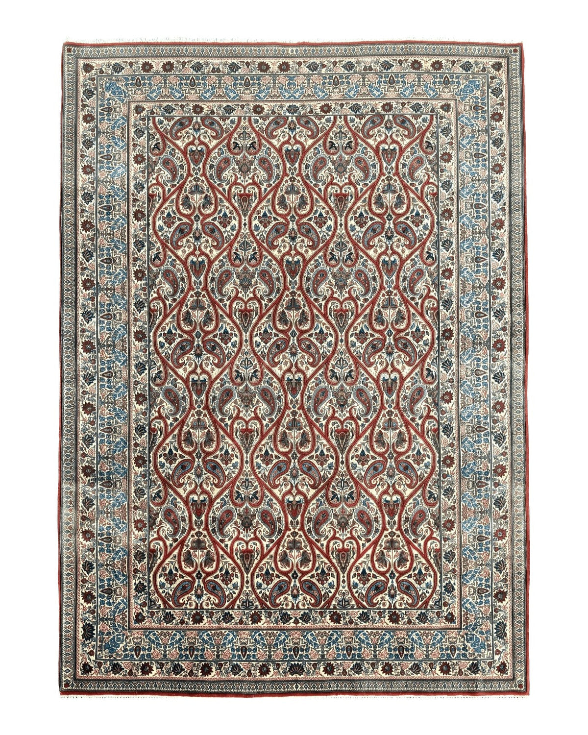 Unique Persian Qum Rug 5x7, Repeated Paisely Boteh Design, Ivory Red Blue, Handmade Antique Wool Persian Carpet, Finely Hand Knotted - Jewel Rugs