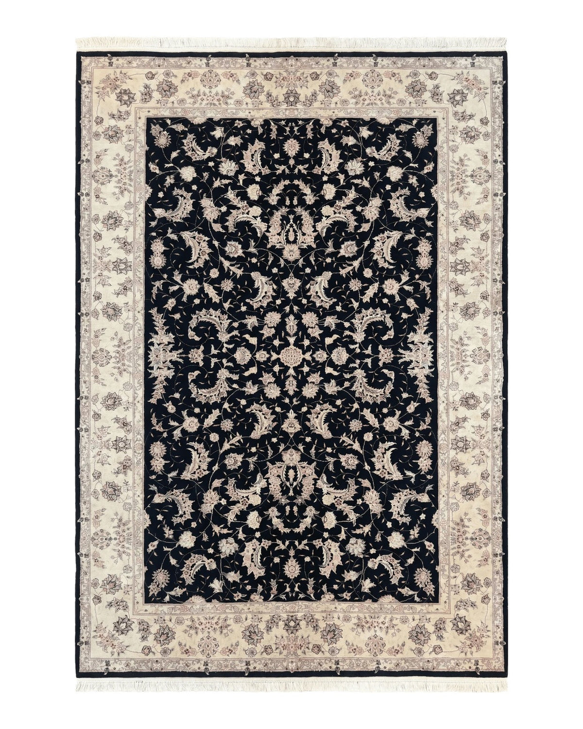 Sino Persian Rug 6x9, Black and Ivory, Wool and Silk Highlights, Handmade - Jewel Rugs