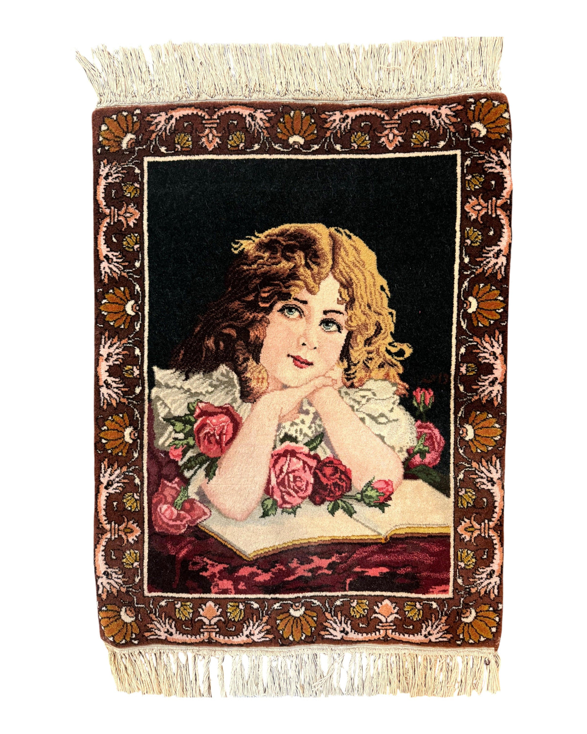 Small Persian Tabriz Pictorial Rug of Young Girl, Very Fine 380 KPSI, Portrait of Young Lady with Roses, Handmade, Persian Rug for Wall Hanging - Jewel Rugs