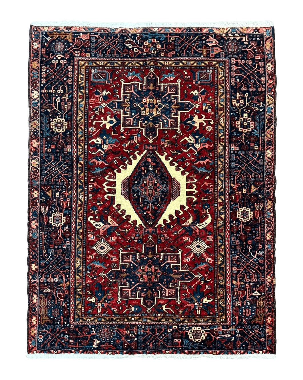 Persian Karajeh Rug 5x6, Antique Heriz Carpet, Geometric, Persian Tribal Rug, Brick Red Navy Blue - Jewel Rugs