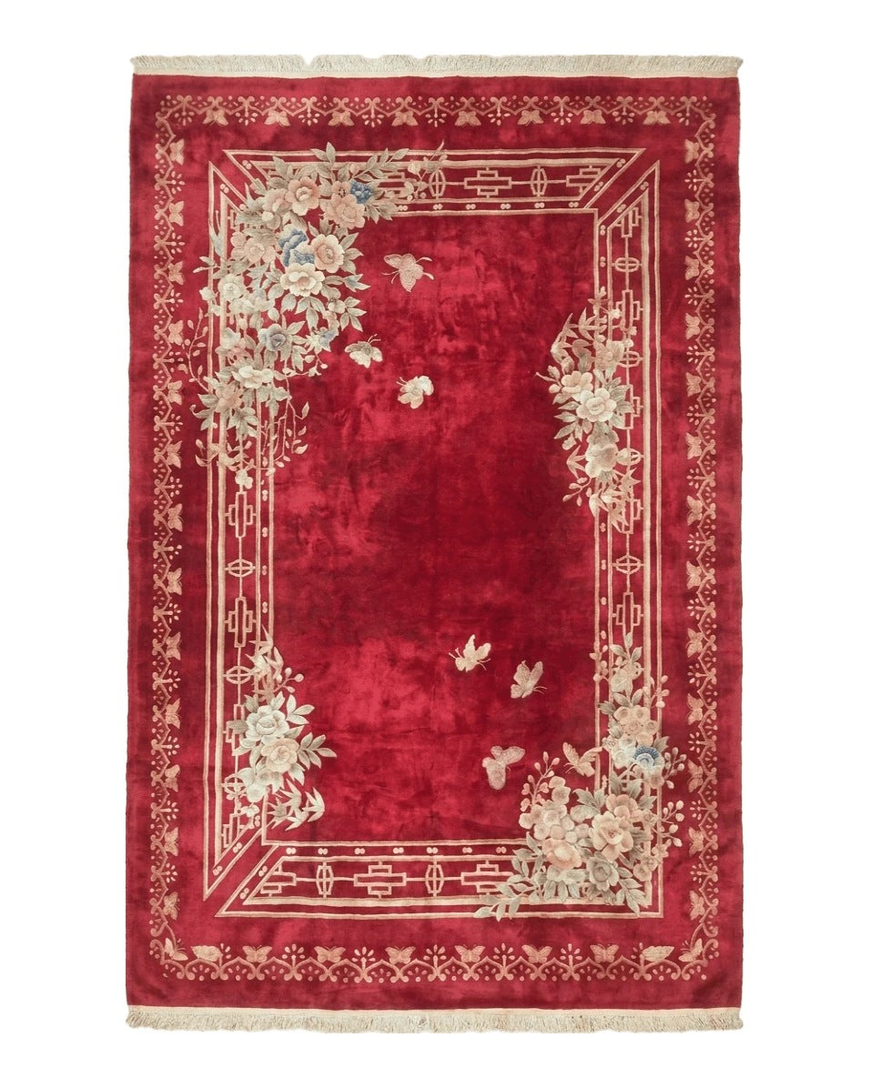 Palace Size Chinese Wool Rug 12x18, Red Art Deco Chinese Carving Carpet, Butterflies Flowers - Jewel Rugs