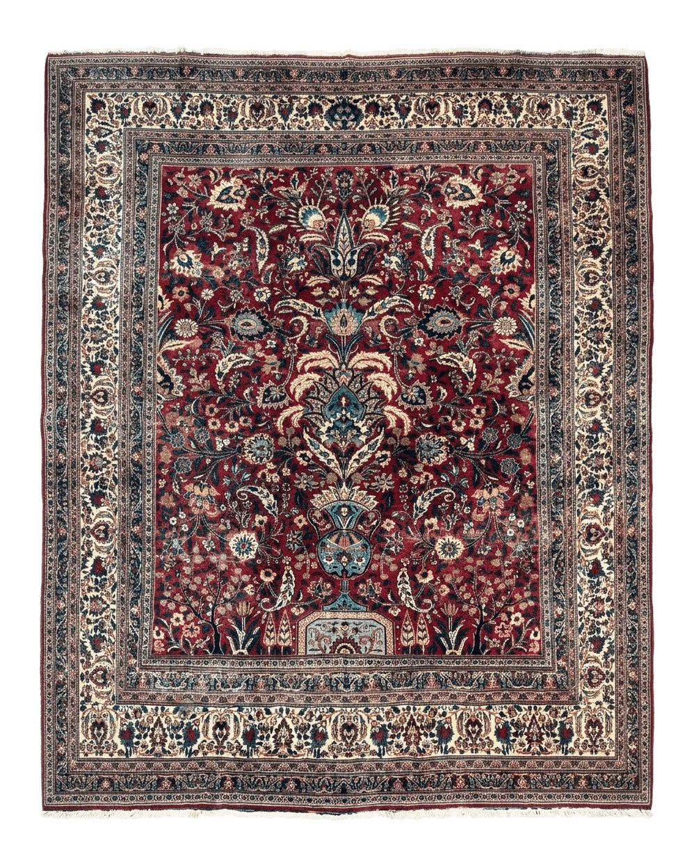 Antique Persian Mashad Rug 10x12, Red and Ivory, Signed by Master Weaver - Jewel Rugs