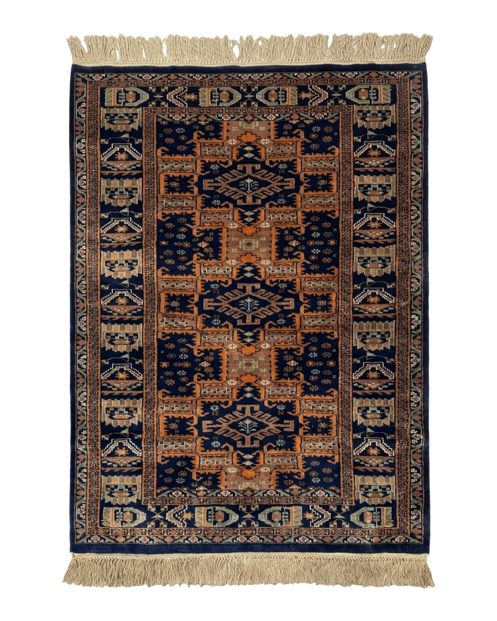 Vintage Afghan Rug 4x6, Navy Blue and Light Brown, Geometric Medallions, Wool on Wool, Tribal Rug - Jewel Rugs