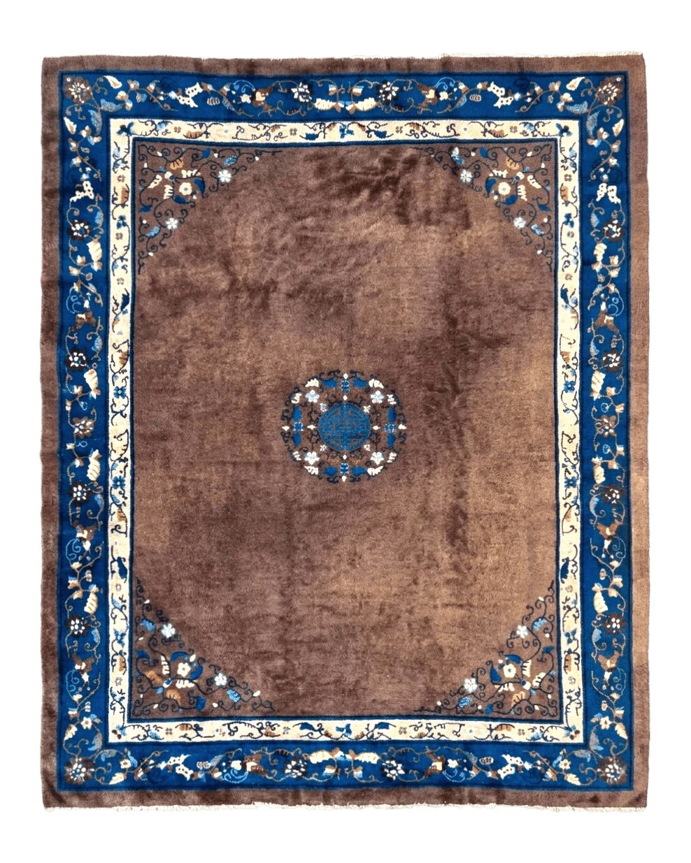 Antique Chinese Wool Rug 9x11, Large Chinese Art Deco Rug, Peking Rug, Brown and Blue, Open Field, Fete Rug - Jewel Rugs
