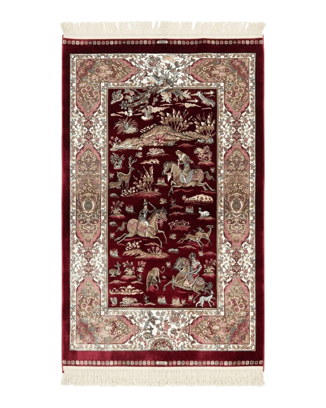 Dark Red Turkish Silk Rug 2.6 x 4, Hunting Design Scene, Bamboo Silk - Jewel Rugs