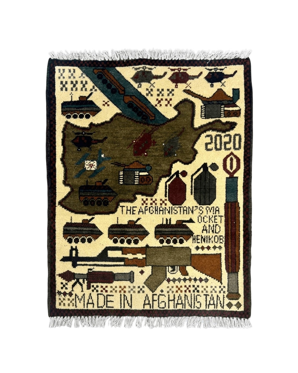 Afghan War Rug, Helicopters Tanks Guns, Handmade, Wool, 2x3 - Jewel Rugs