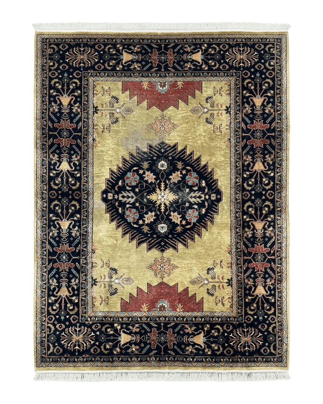 Indo Persian Heriz Rug 8x12, Camel Hair Tan and Navy Blue, Decorative - Jewel Rugs