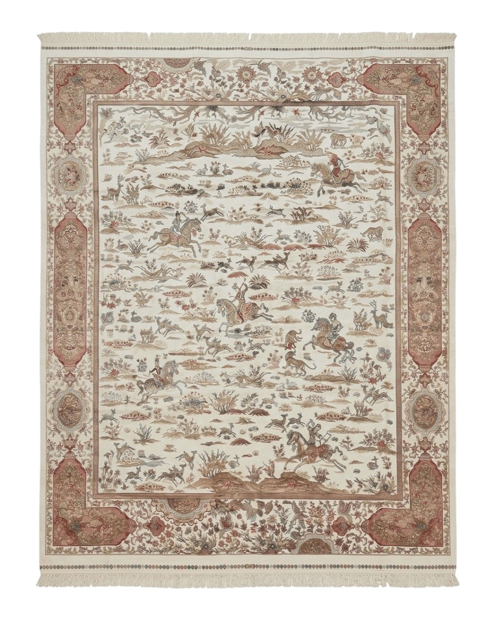 Large Turkish Silk Rug 8x10, Ivory, Hunting Design, Bamboo Silk, New - Jewel Rugs
