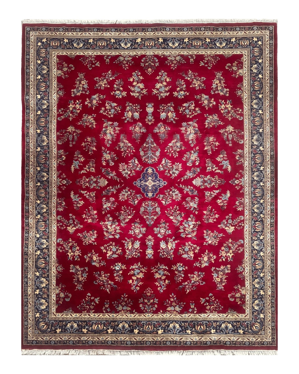 Indo Persian Sarouk Rug 10x14, Large Red and Navy Blue Carpet, Traditional Floral Wool Rug - Jewel Rugs
