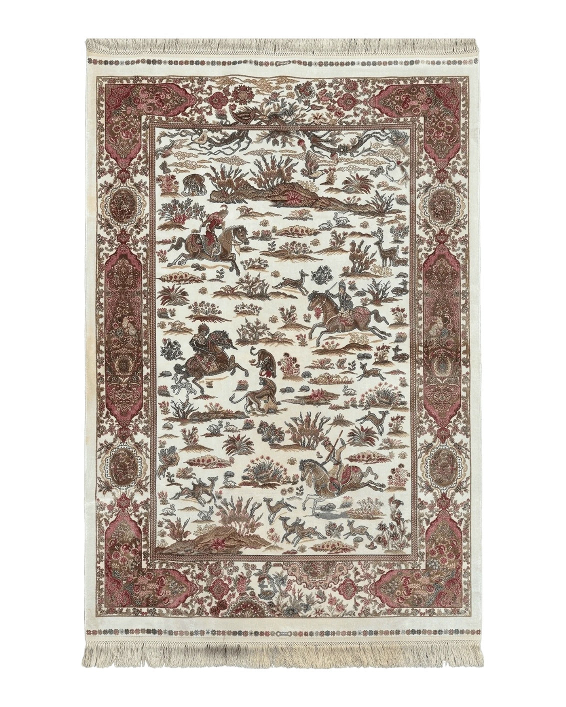 Turkish Silk Hunting Scene Rug 4x6, Ivory, Bamboo Silk, New - Jewel Rugs
