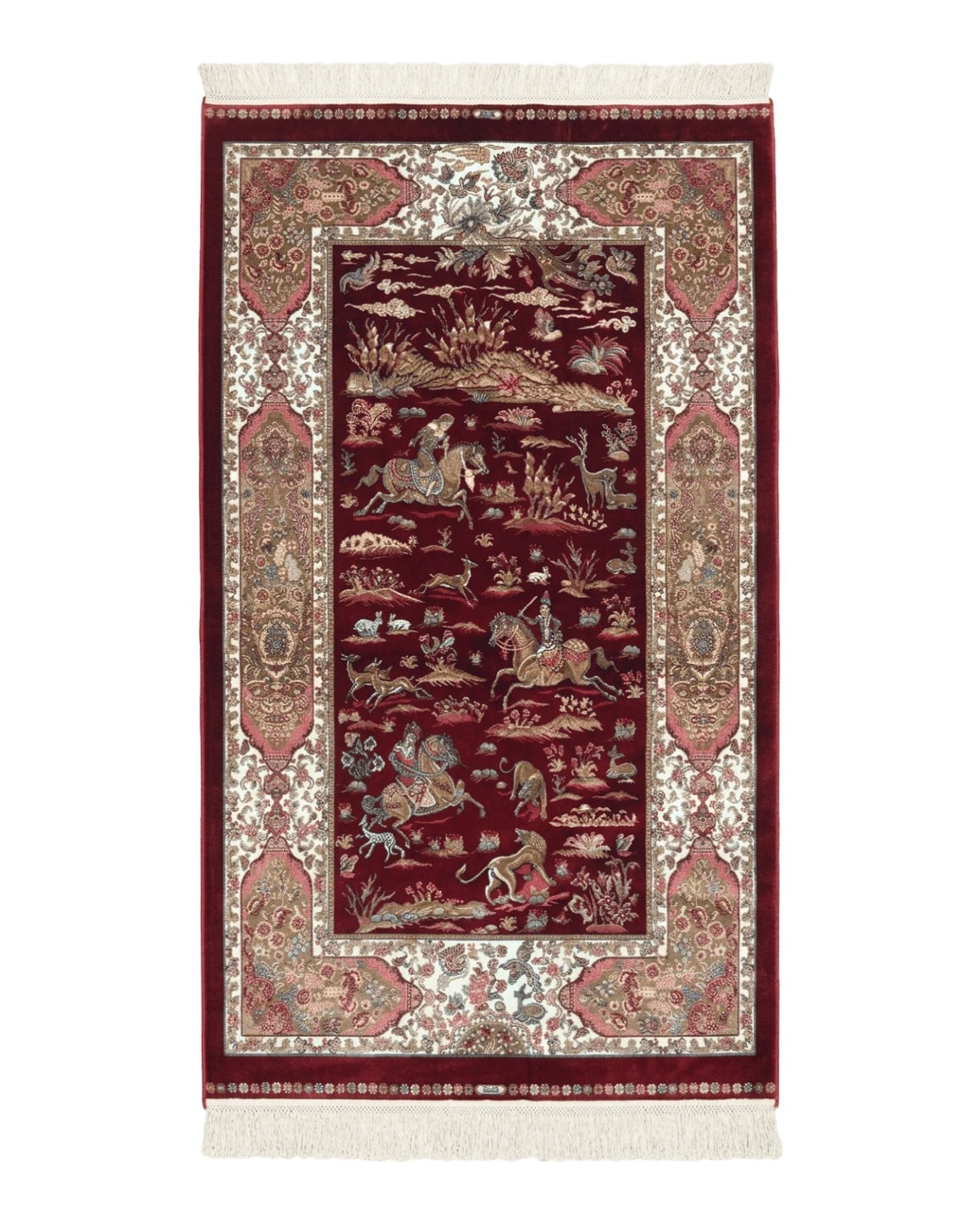 Turkish Silk Rug 3x5, Hunting Design, Dark Red & Ivory, Bamboo Silk, New - Jewel Rugs
