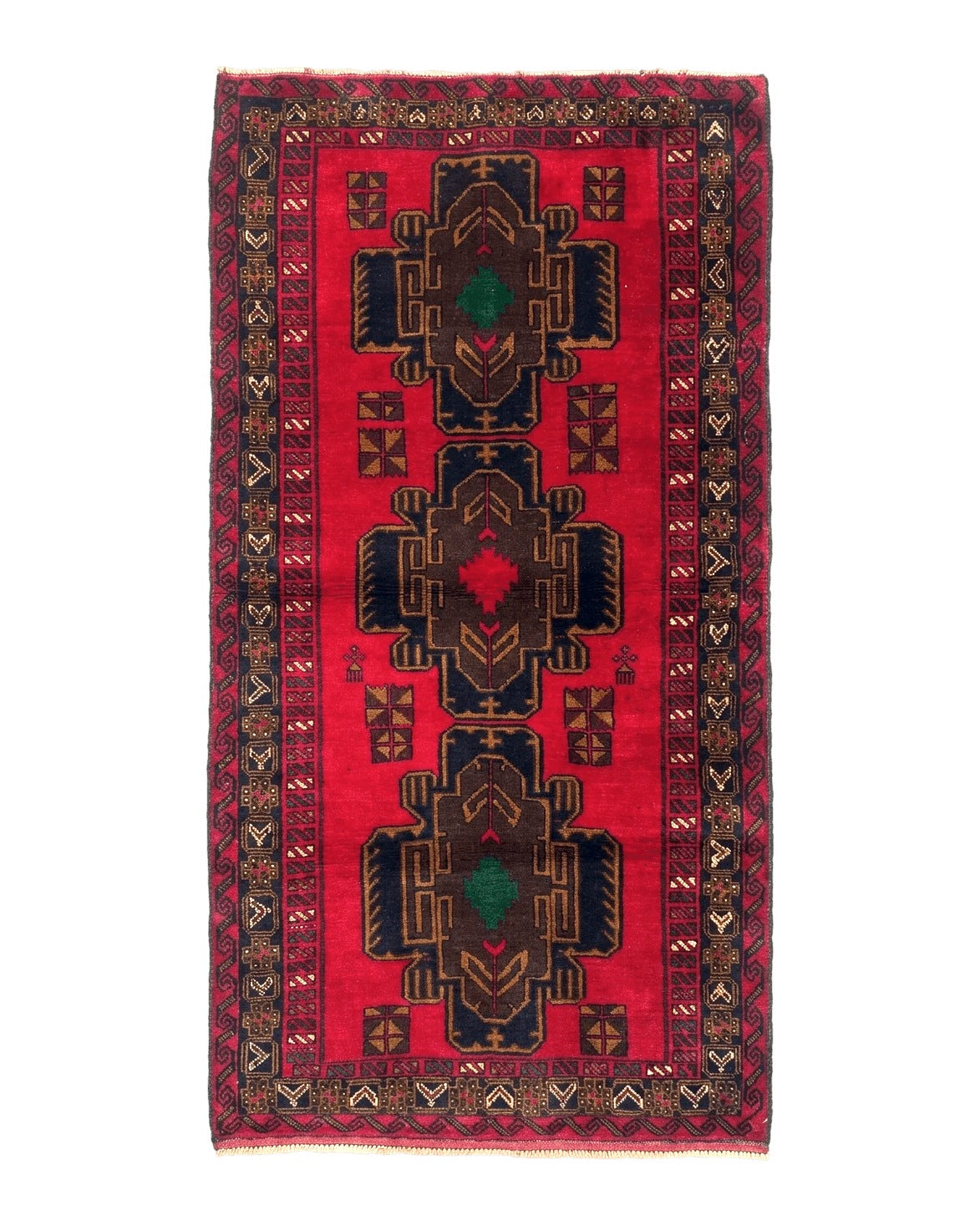 Red Afghan Balouch Rug 4x7, Triple Medallions, Handmade, New - Jewel Rugs