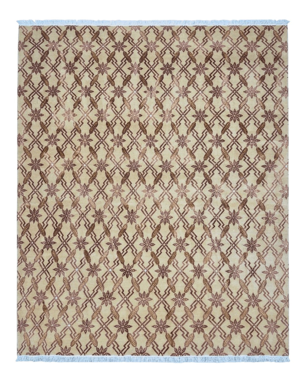 Tibetan Rug 8x10, Wool with Silk Highlights, Beige and Maroon, Contemporary Carpet - Jewel Rugs