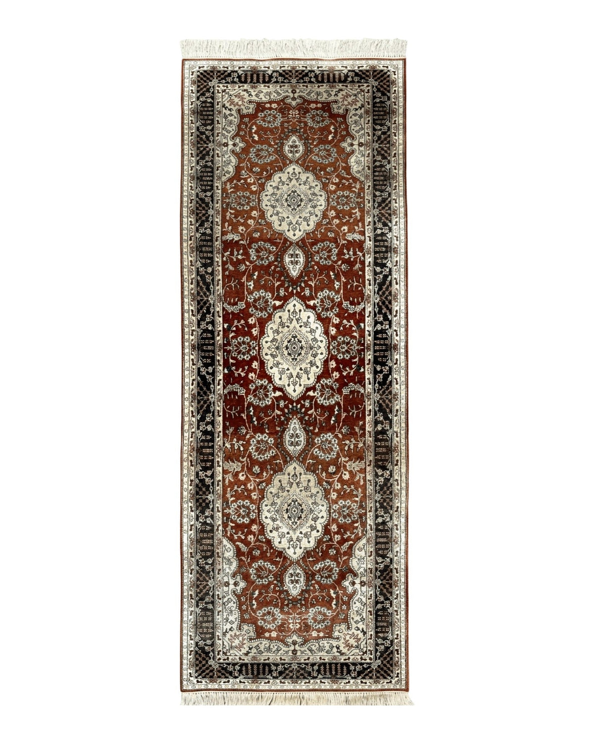 Turkish Silk Narrow Runner Rug 2 x 5.8, Very Fine 340 KPSI, Floral Medallions, Red - Jewel Rugs