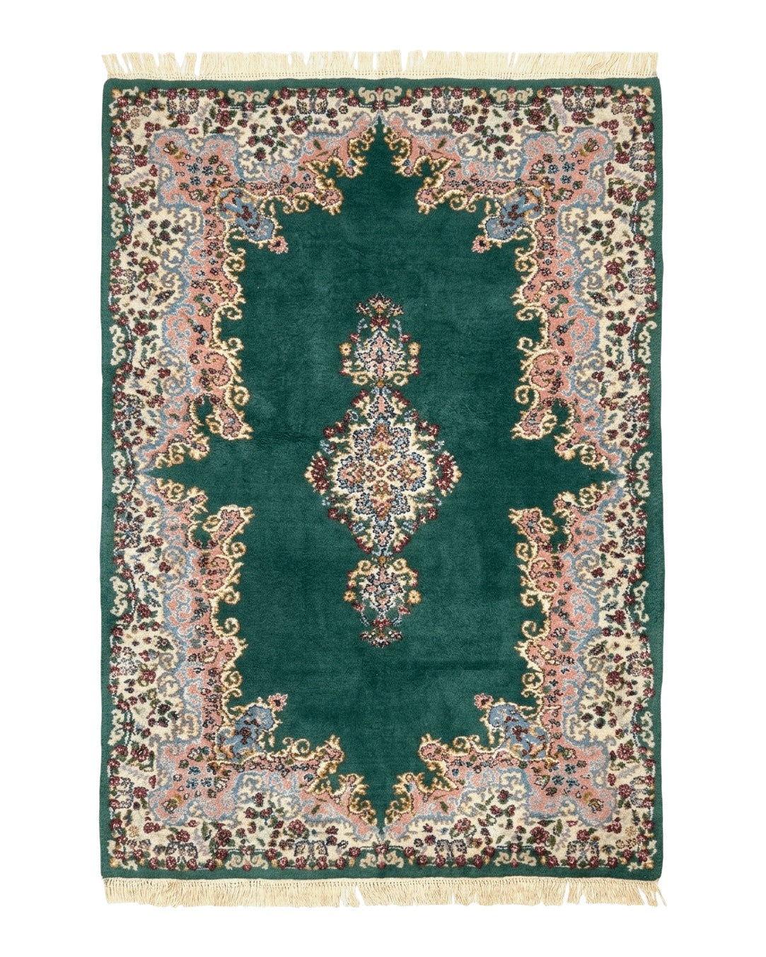 Persian Kerman Rug 4x6, Green Ivory Pink, Wool Vintage, Semi Open Field - Jewel Rugs