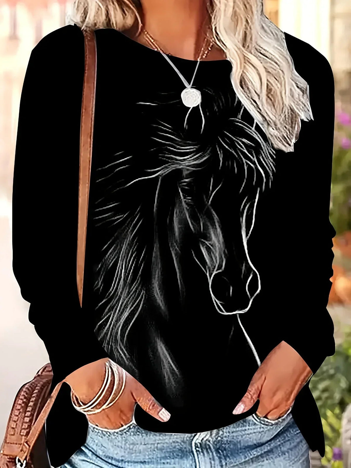 T-Shirt - Horse Print Cotton Long-Sleeve