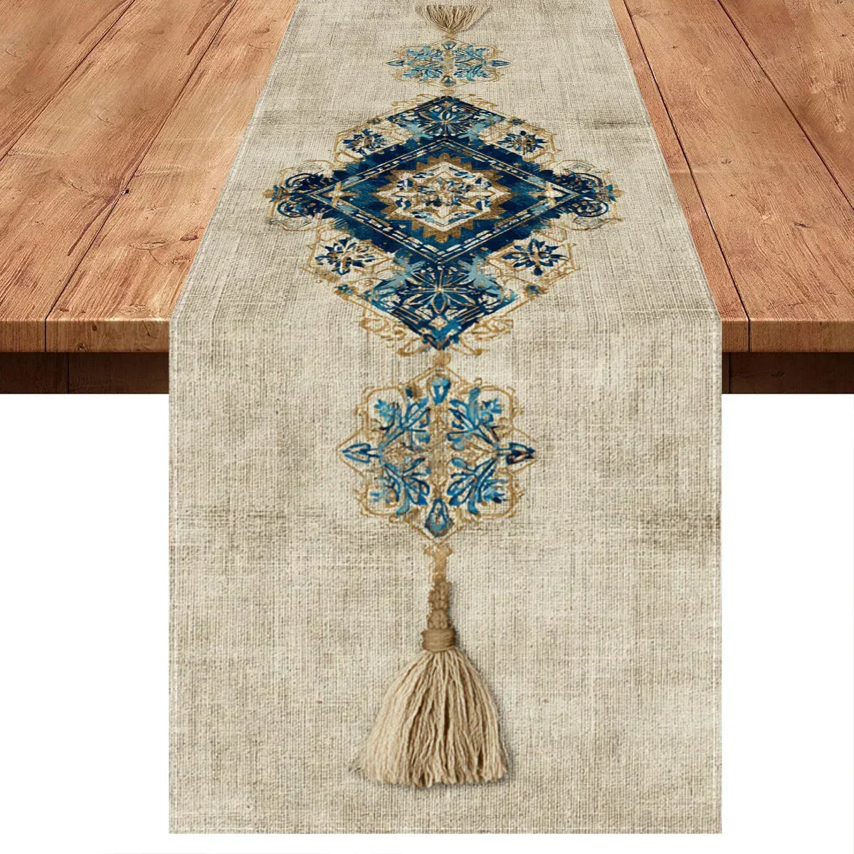 Table Runner - Tassel Printed Blue White