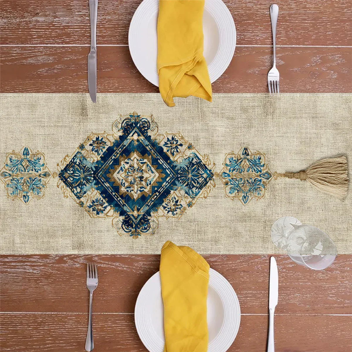 Table Runner - Tassel Printed Blue White