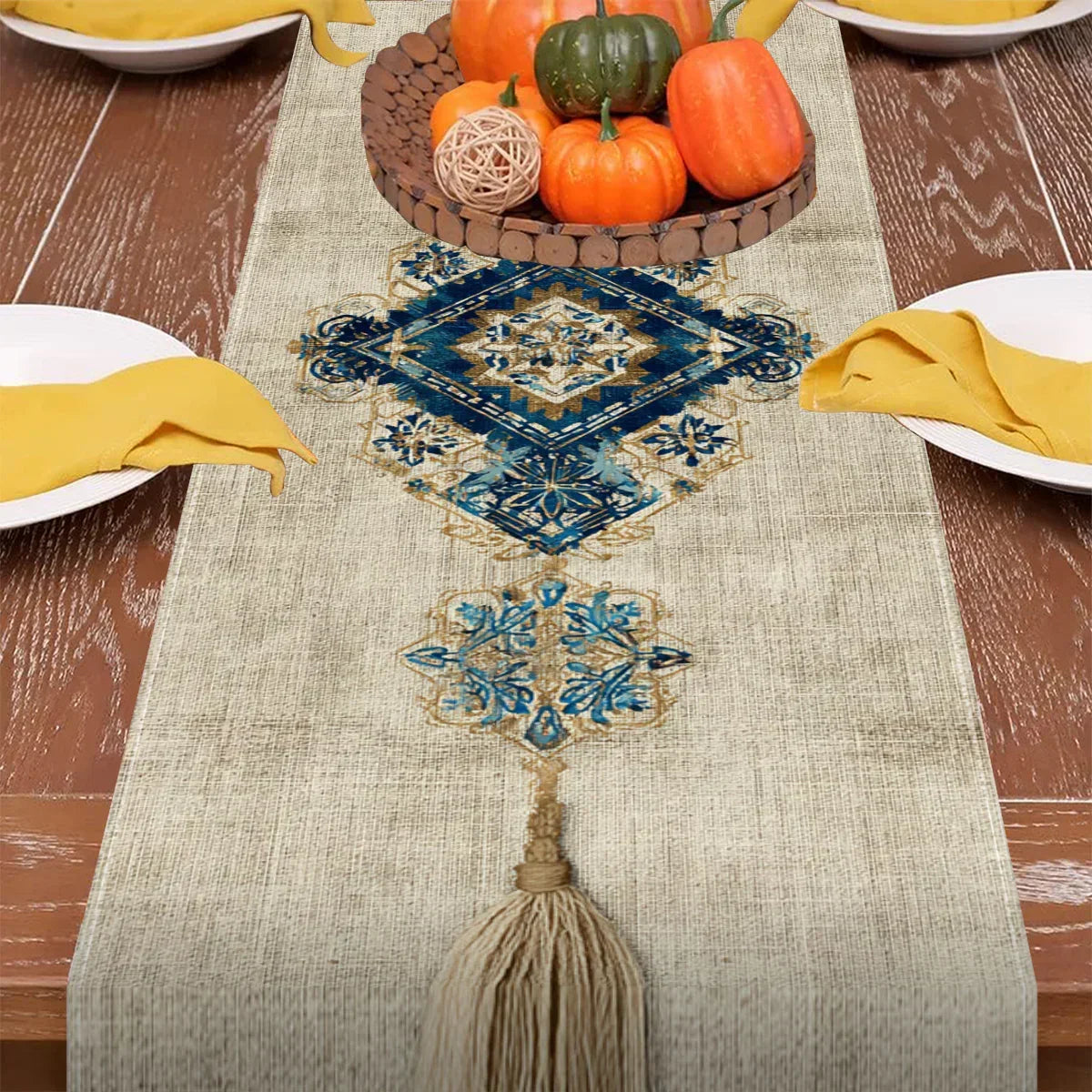 Table Runner - Tassel Printed Blue White