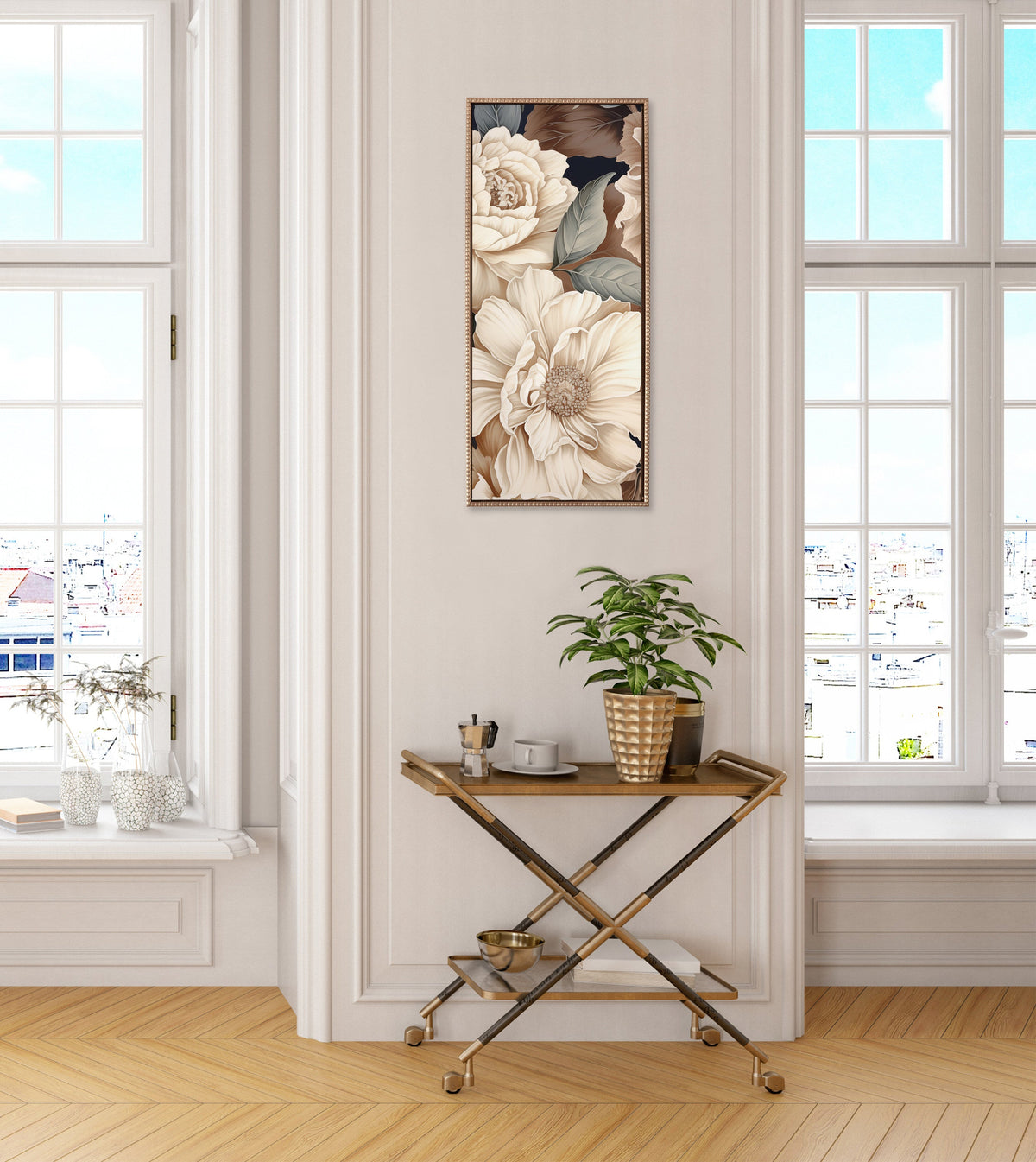 Sylvie Beaded Retro Glam Floral in Muted Color Tones Framed Canvas by The Creative Bunch Studio