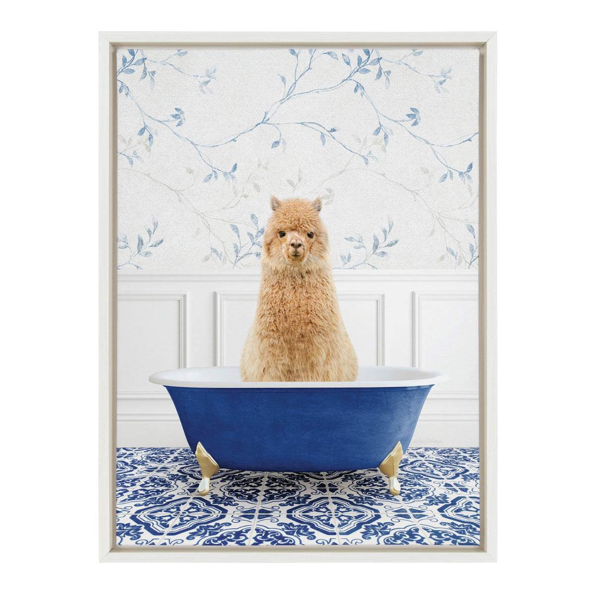 Sylvie Alpaca In Eclectic Blue Bath Framed Canvas by Amy Peterson Art Studio
