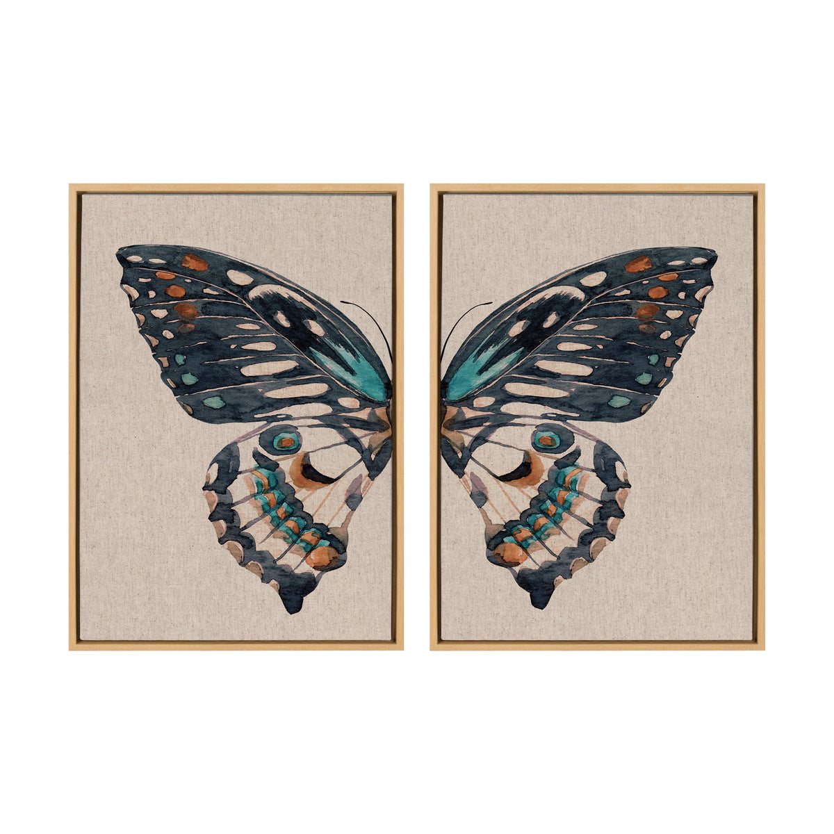 Sylvie Boho Butterfly Watercolor Diptych Neutral Linen Framed Canvas Art Set by The Creative Bunch Studio