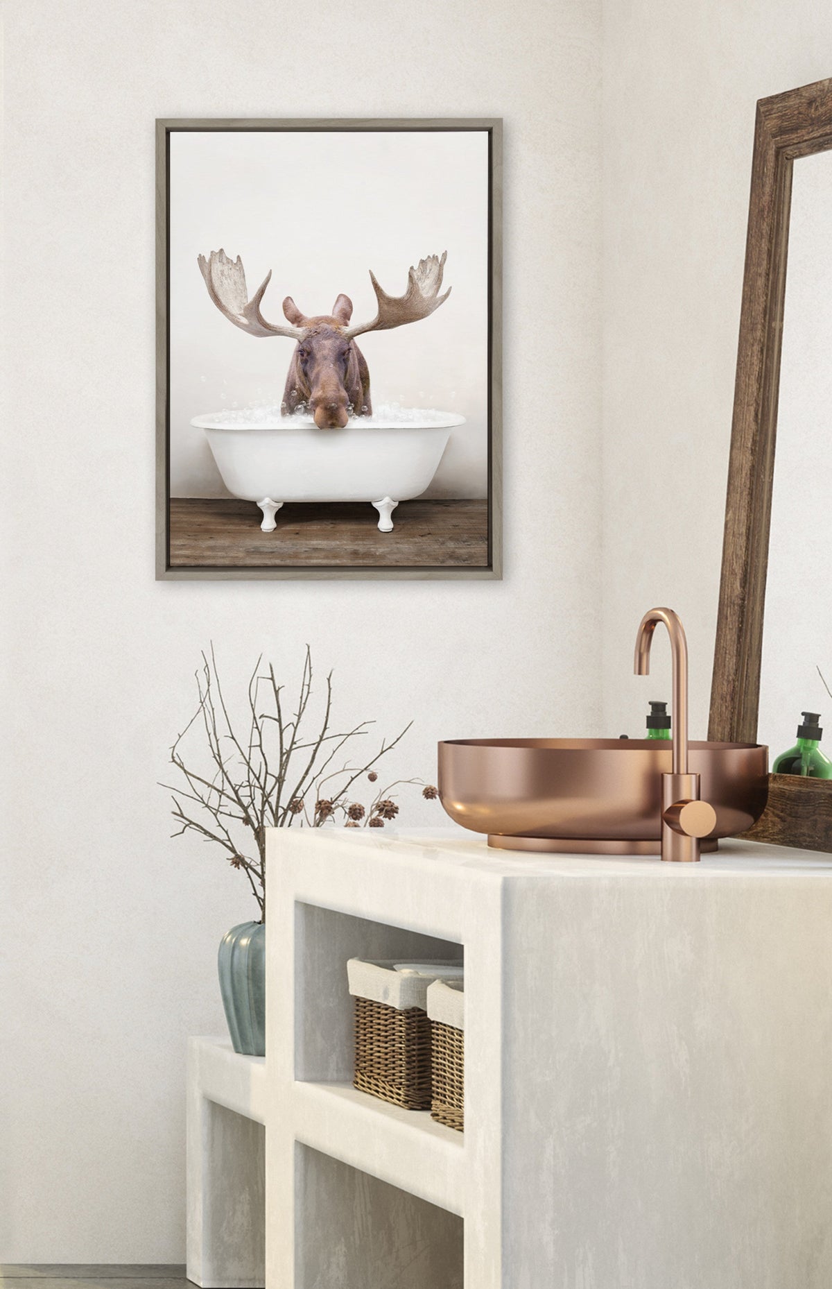 Sylvie Moose Rustic Bubble Bath Framed Canvas by Amy Peterson Art Studio