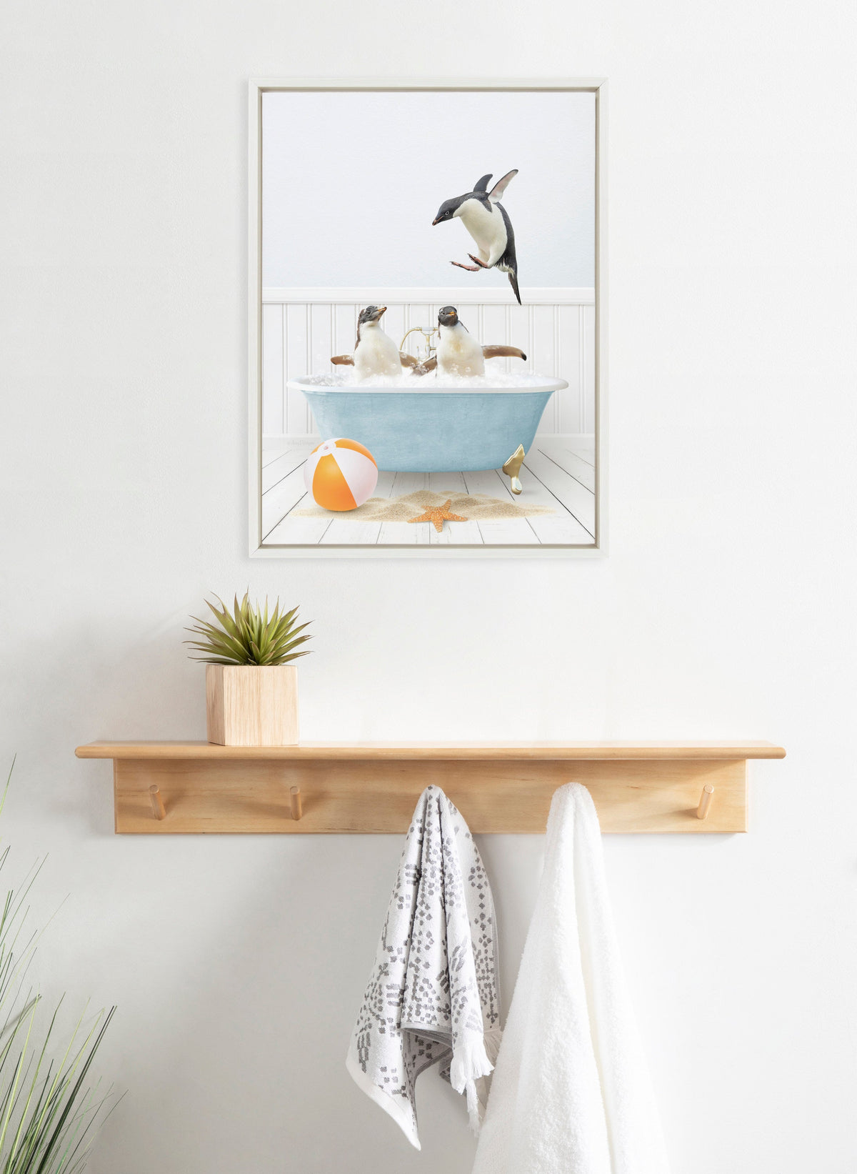 Sylvie Three Penguins Beach House Bath Framed Canvas by Amy Peterson