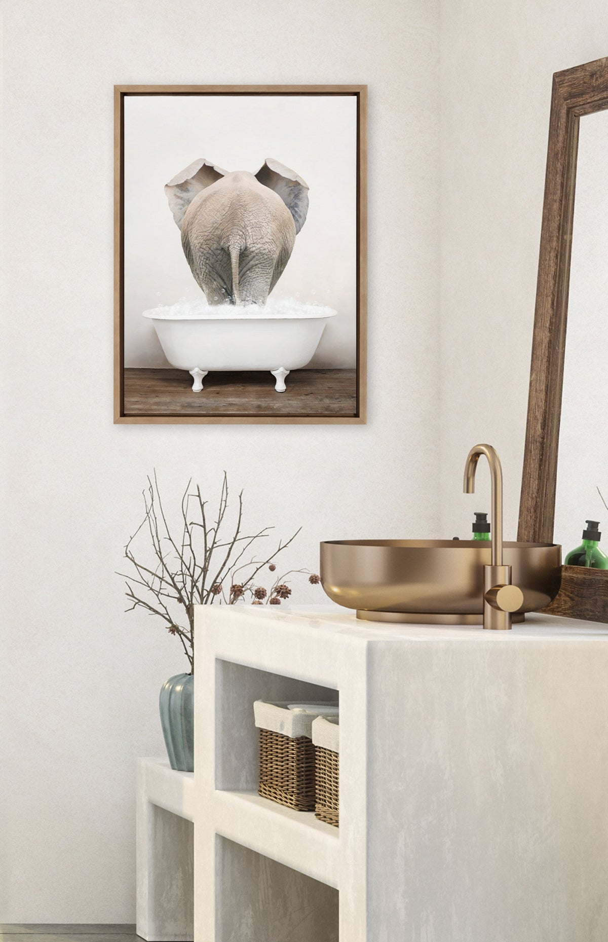 Sylvie Elephant Back in Rustic Bath Framed Canvas by Amy Peterson Art Studio