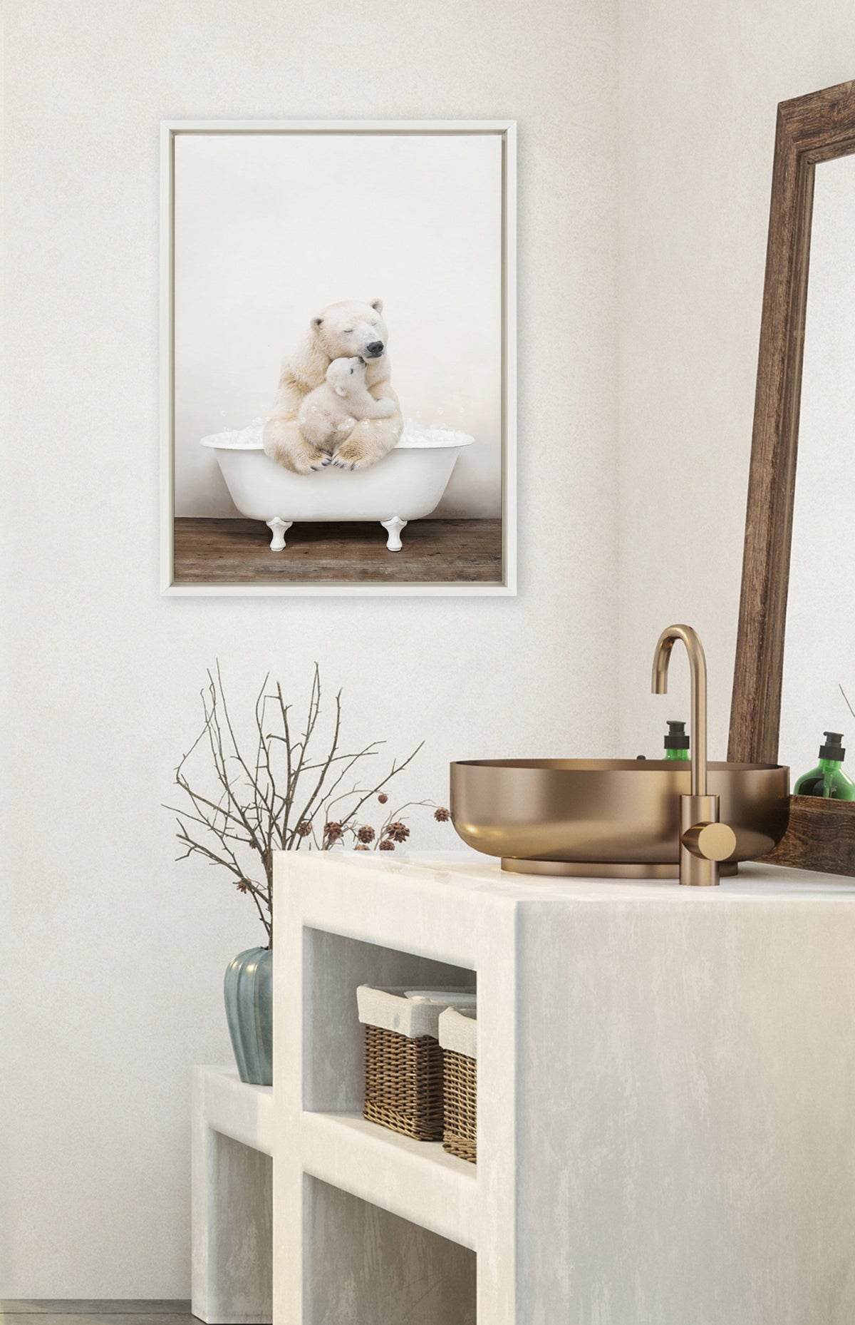 Sylvie Mother and Baby Polar Bear in Rustic Bath Framed Canvas by Amy Peterson Art Studio
