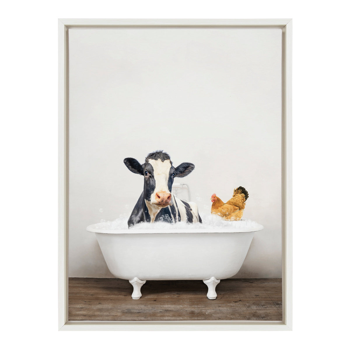 Sylvie Cow and Chicken in Rustic Bath Framed Canvas by Amy Peterson Art Studio