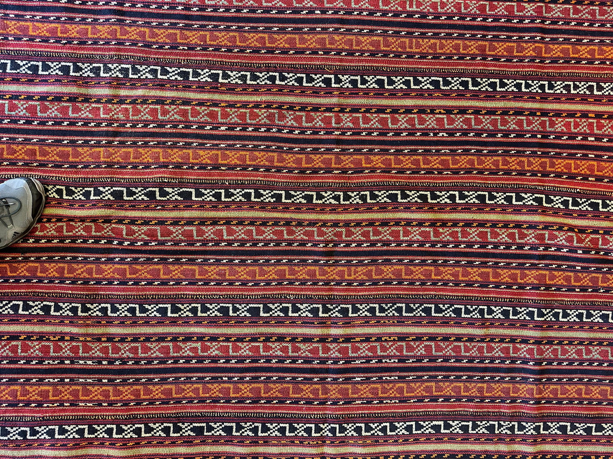 Antique Caucasian Soumak Rug 6x7 | Rust, Navy & Ivory | Hand-Woven Wool Flatweave - Rugistan, view 10