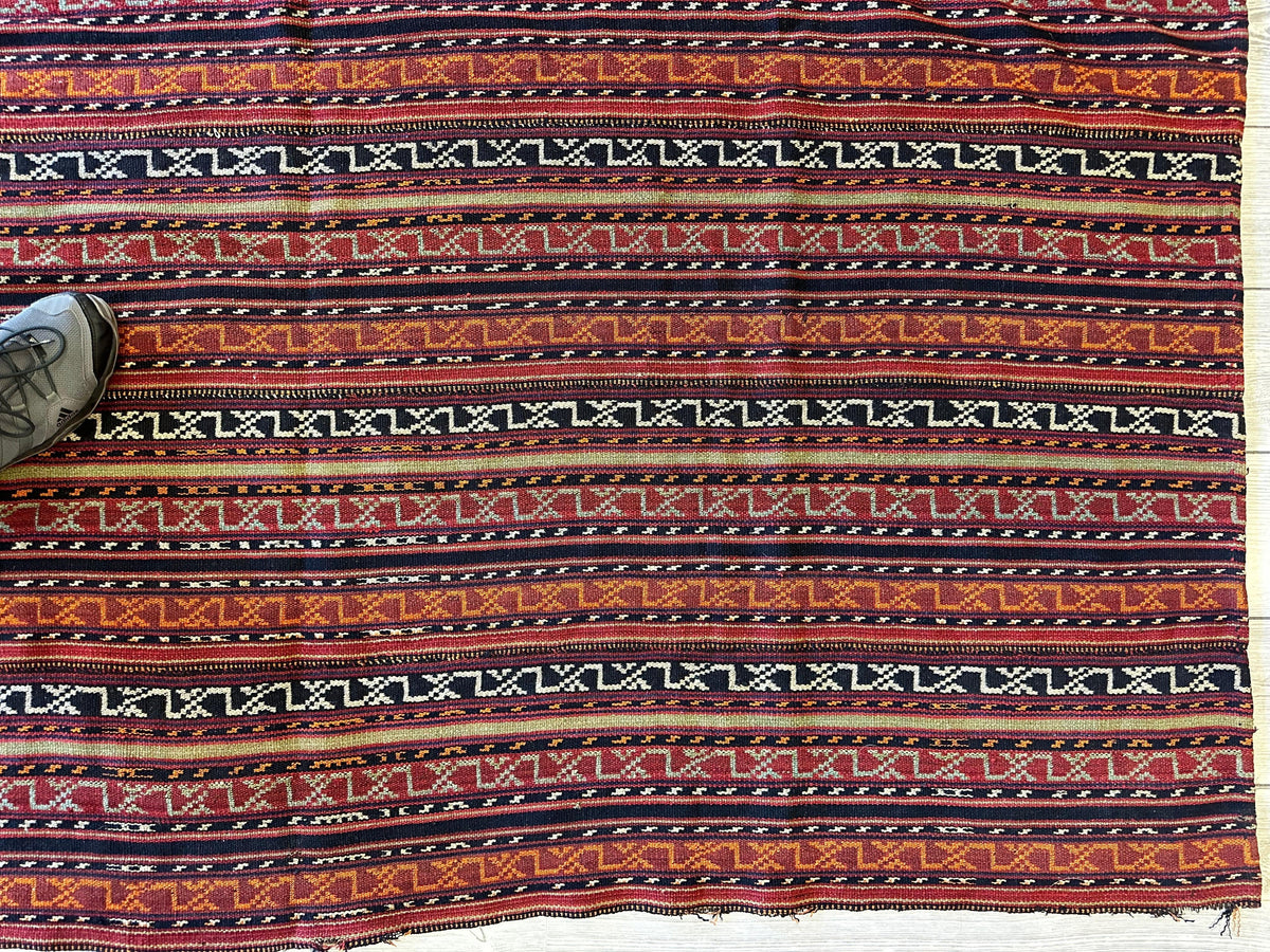 Antique Caucasian Soumak Rug 6x7 | Rust, Navy & Ivory | Hand-Woven Wool Flatweave - Rugistan, view 11