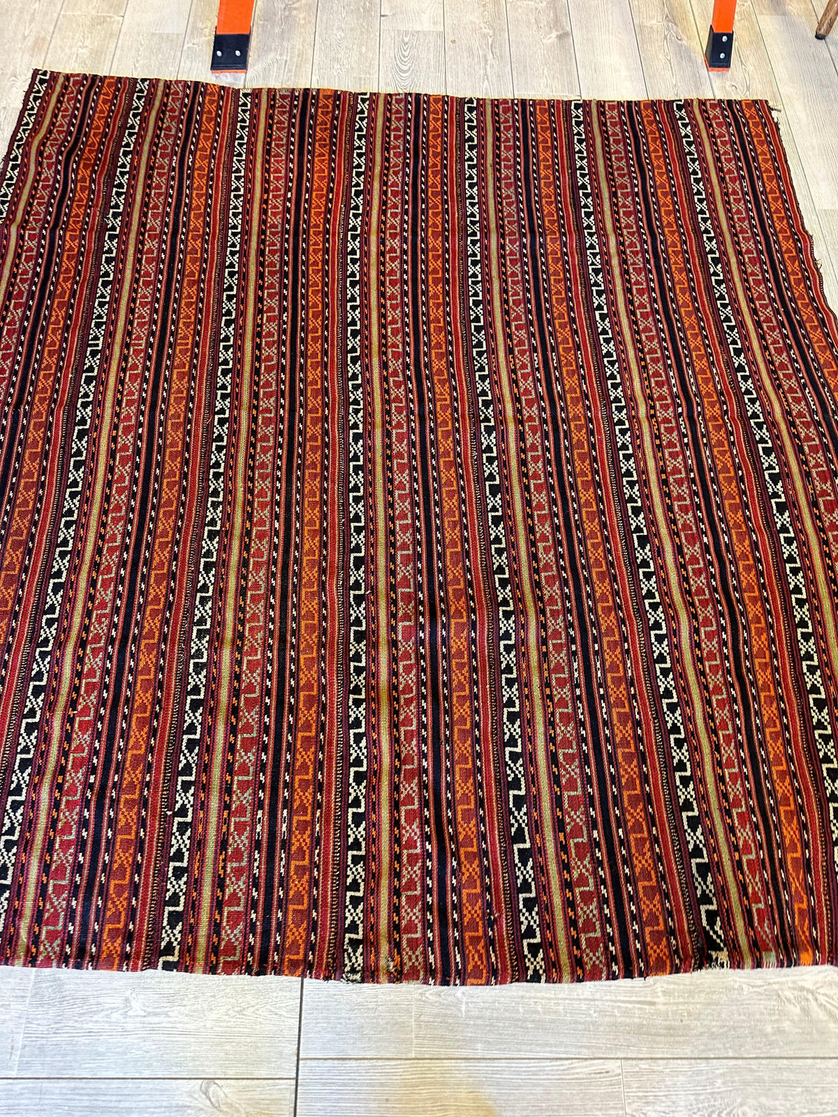 Antique Caucasian Soumak Rug 6x7 | Rust, Navy & Ivory | Hand-Woven Wool Flatweave - Rugistan, view 15