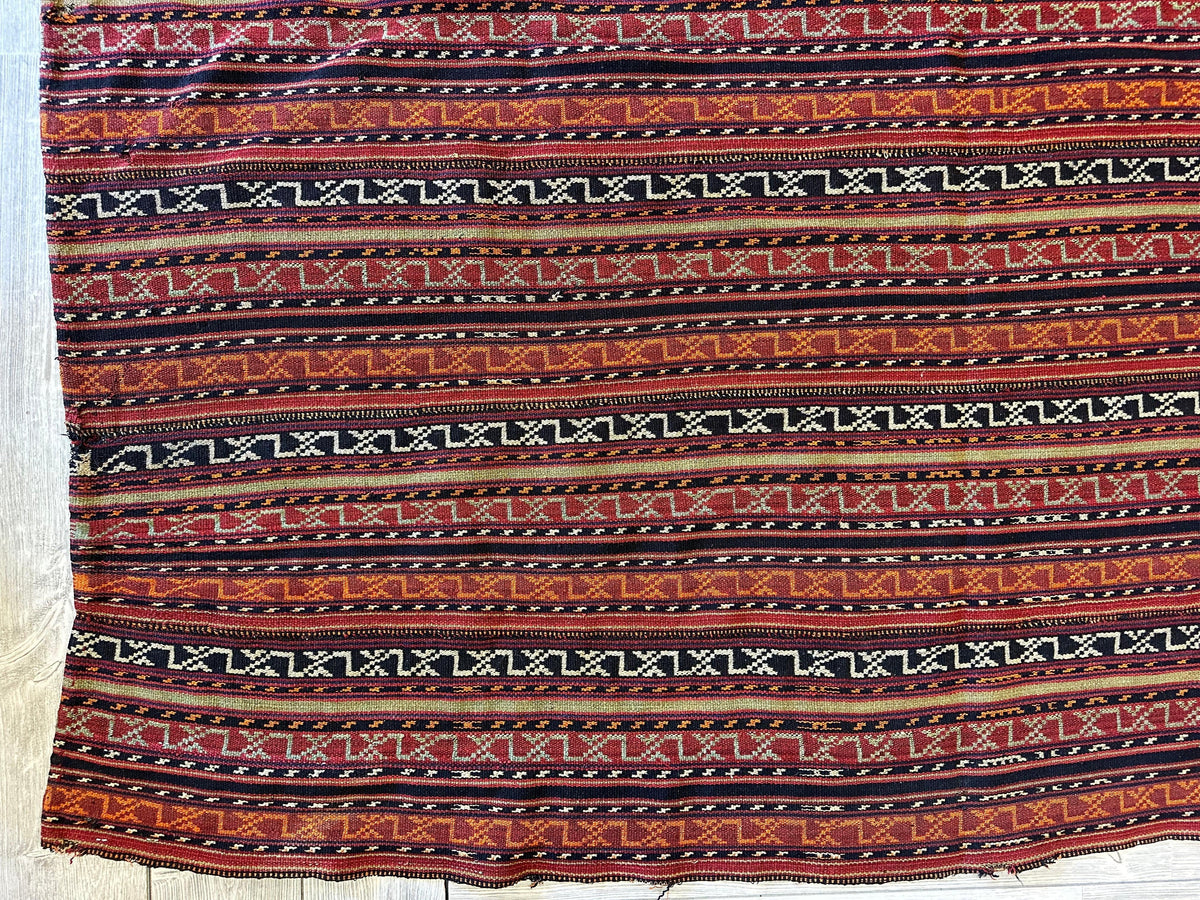 Antique Caucasian Soumak Rug 6x7 | Rust, Navy & Ivory | Hand-Woven Wool Flatweave - Rugistan, view 6