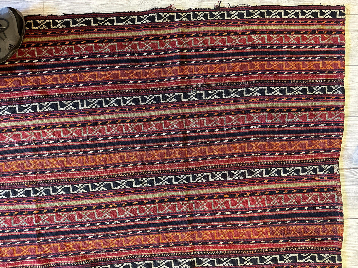 Antique Caucasian Soumak Rug 6x7 | Rust, Navy & Ivory | Hand-Woven Wool Flatweave - Rugistan, view 9