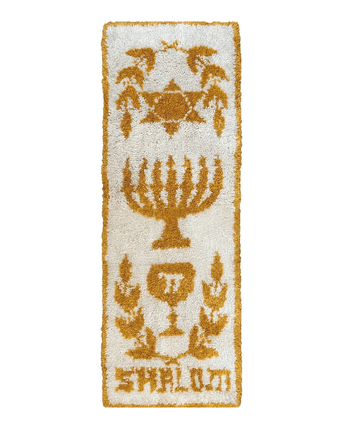 Unique Judaica Wall Hanging Rug 1.5 x 4, Shalom Menorah Jewish Star Kiddush Cup Chai Wall Hanging, Vintage, Wool, Ivory and Orange