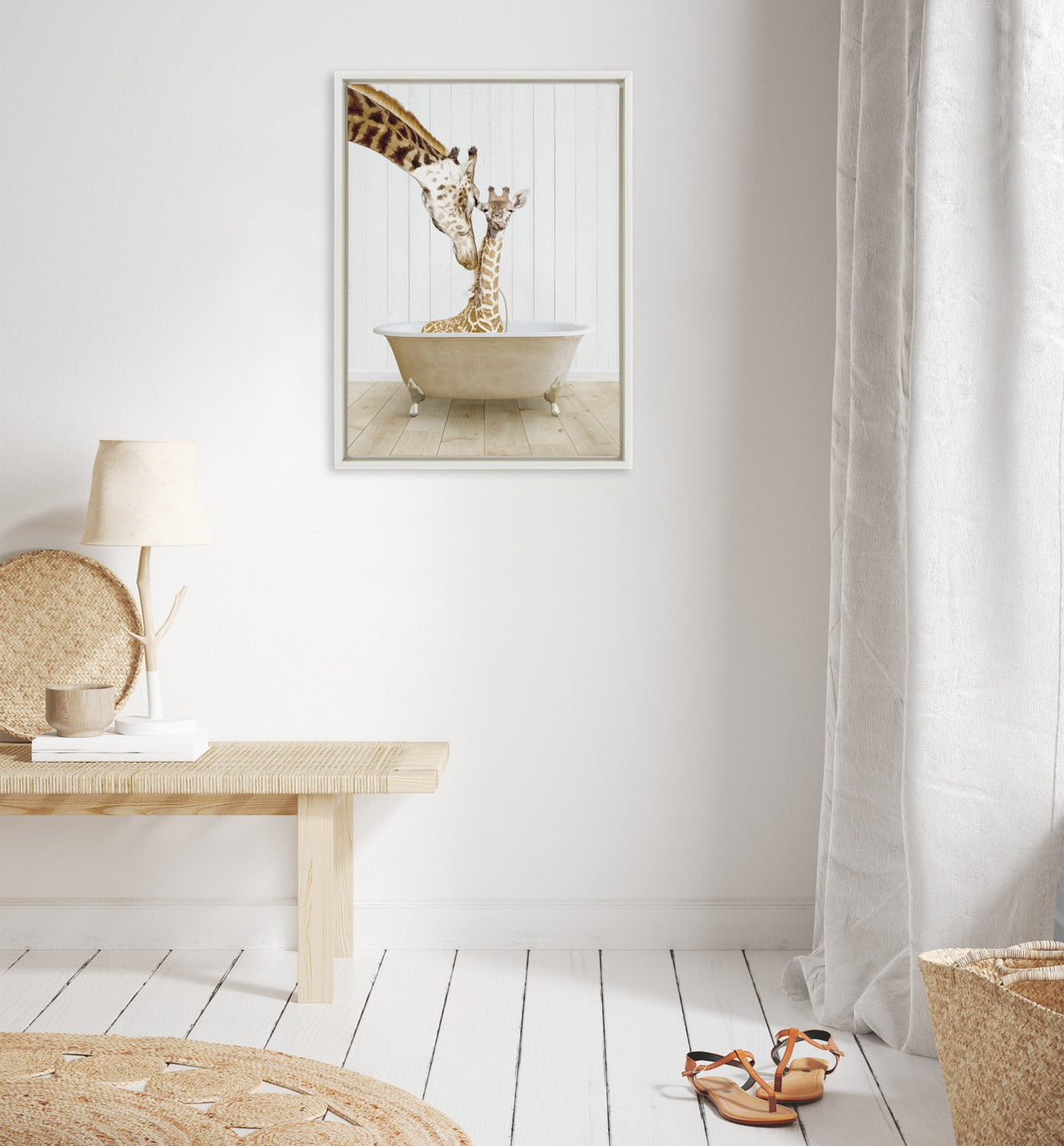Sylvie Mother and Baby Giraffe Farmhouse Bath Framed Canvas by Amy Peterson Art Studio