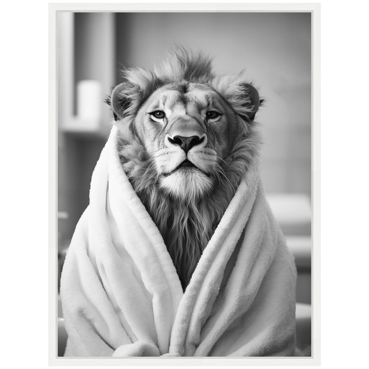 Sylvie Lion Bathroom Art Towel Robe Black and White Framed Canvas by The Creative Bunch Studio