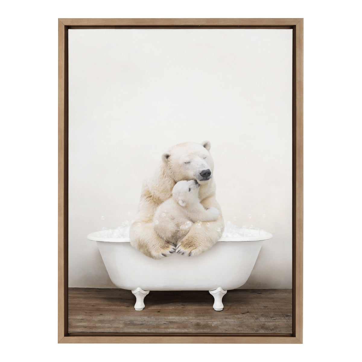 Sylvie Mother and Baby Polar Bear in Rustic Bath Framed Canvas by Amy Peterson Art Studio