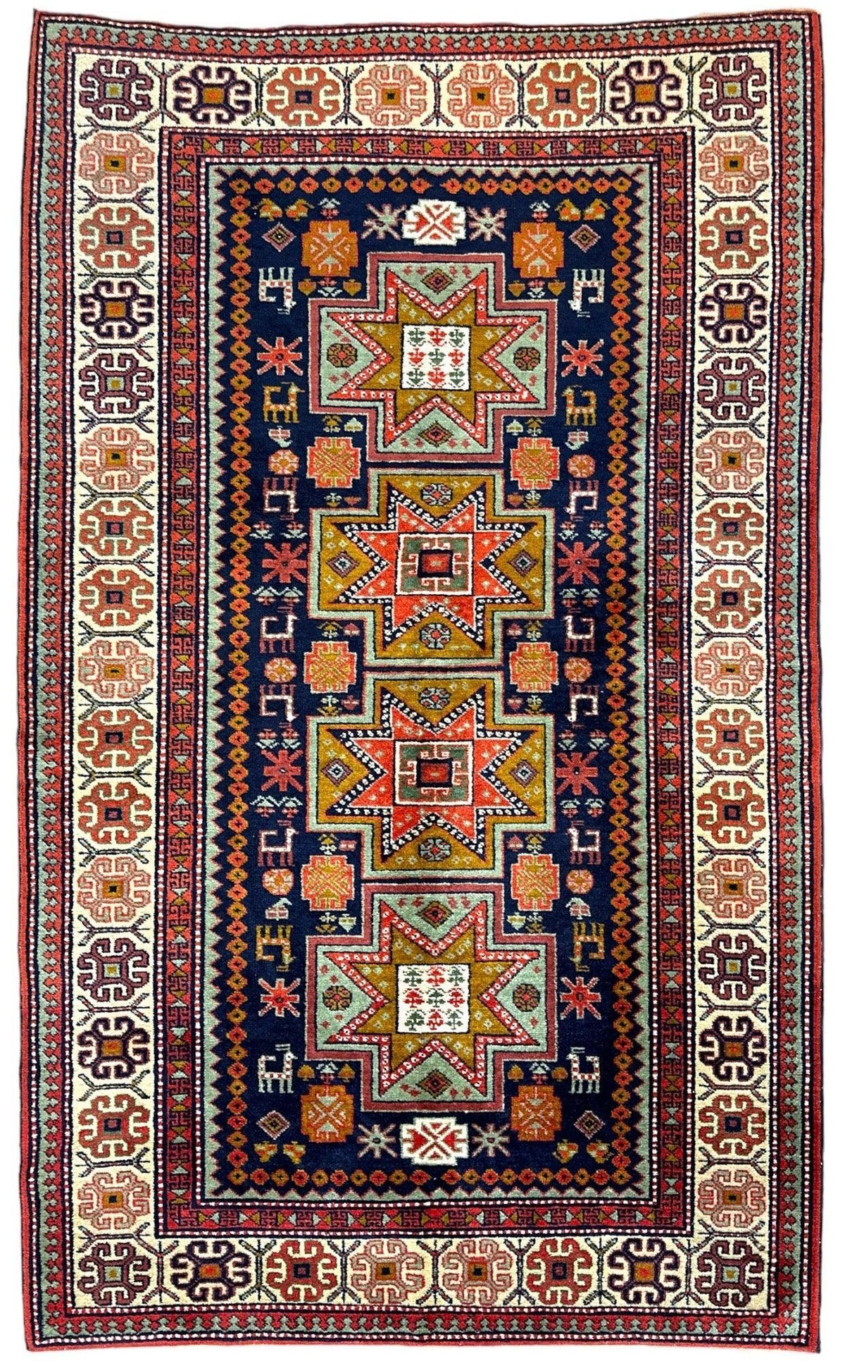 Vintage Caucasian Rug 4x7 | Navy, Ivory & Orange | Hand-Knotted Wool - Rugistan