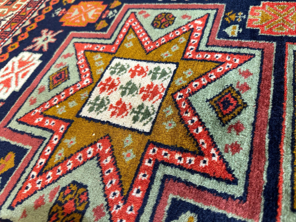 Vintage Caucasian Rug 4x7 | Navy, Ivory & Orange | Hand-Knotted Wool - Rugistan, view 2