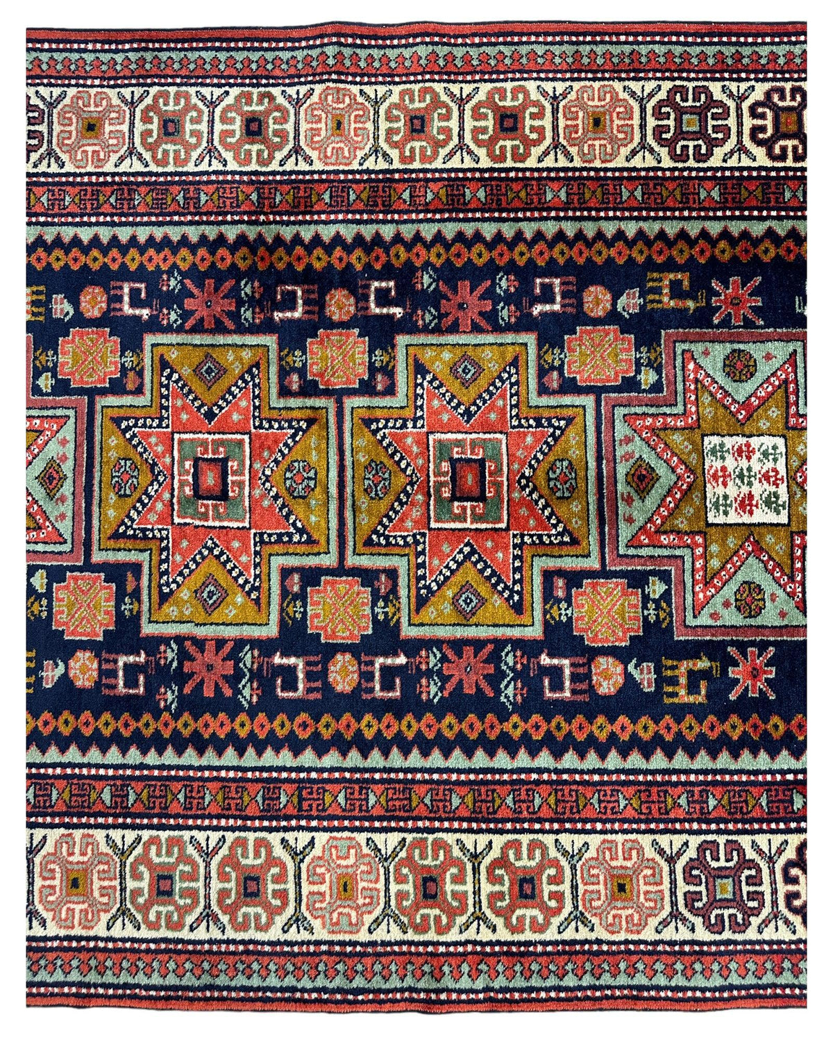 Vintage Caucasian Rug 4x7 | Navy, Ivory & Orange | Hand-Knotted Wool - Rugistan, view 4