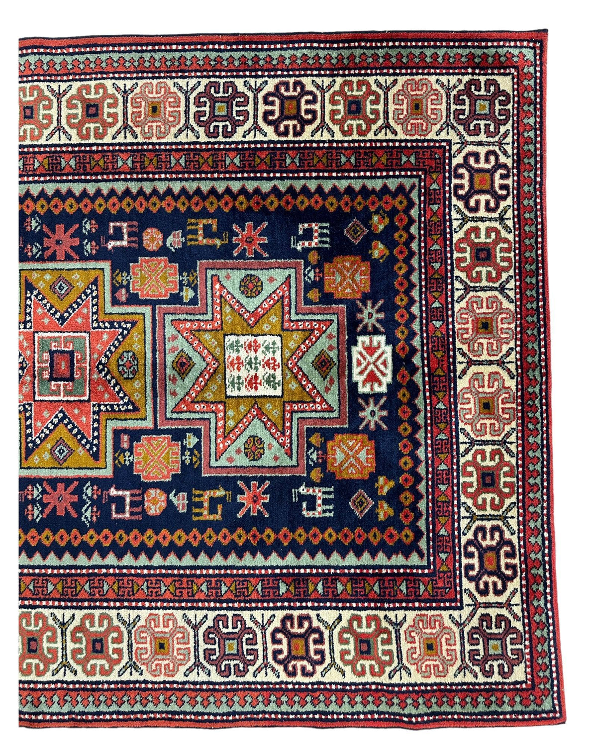 Vintage Caucasian Rug 4x7 | Navy, Ivory & Orange | Hand-Knotted Wool - Rugistan, view 5