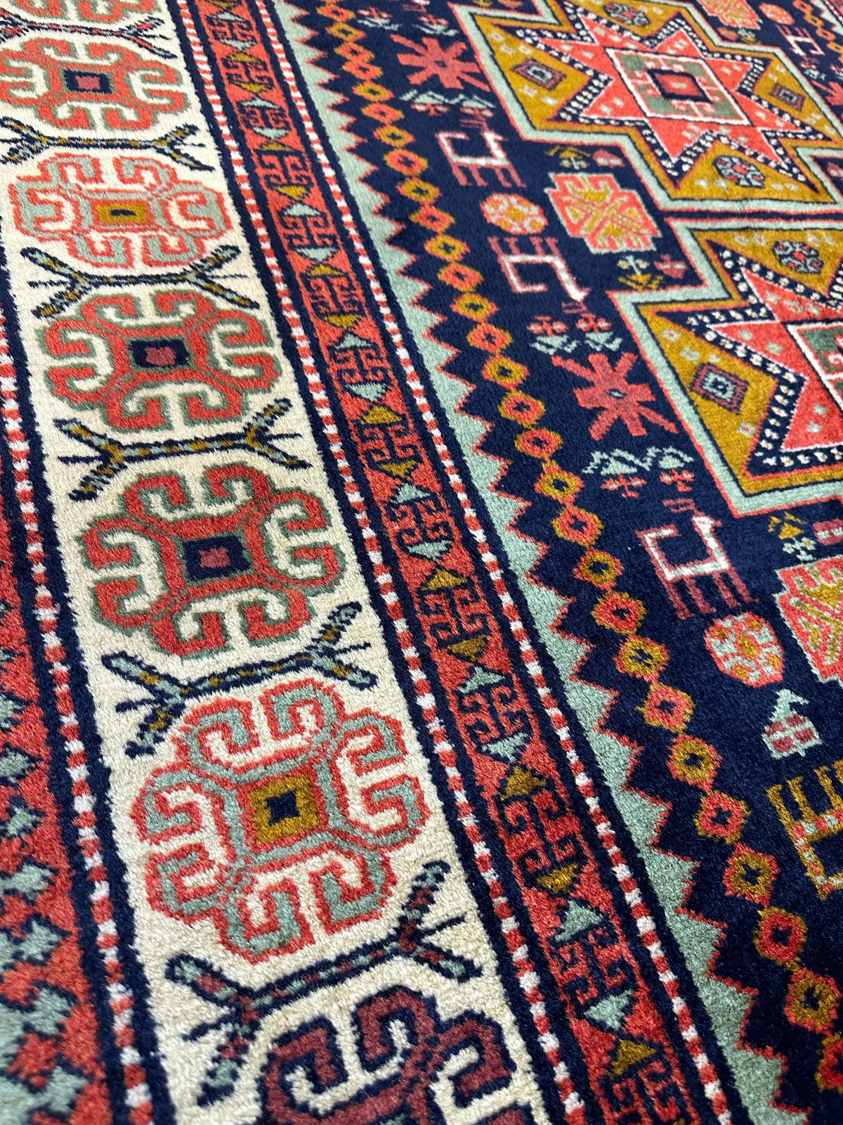 Vintage Caucasian Rug 4x7 | Navy, Ivory & Orange | Hand-Knotted Wool - Rugistan, view 6