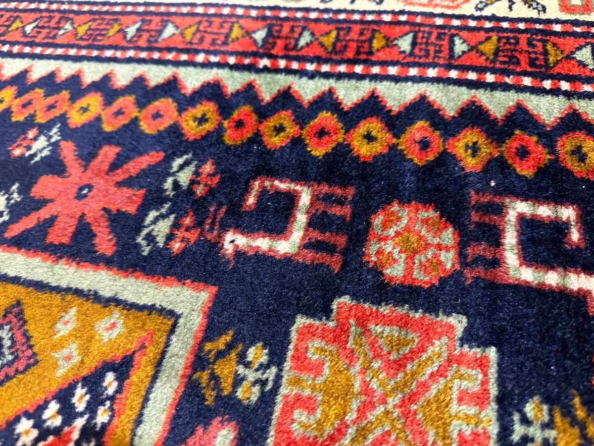 Vintage Caucasian Rug 4x7 | Navy, Ivory & Orange | Hand-Knotted Wool - Rugistan, view 7