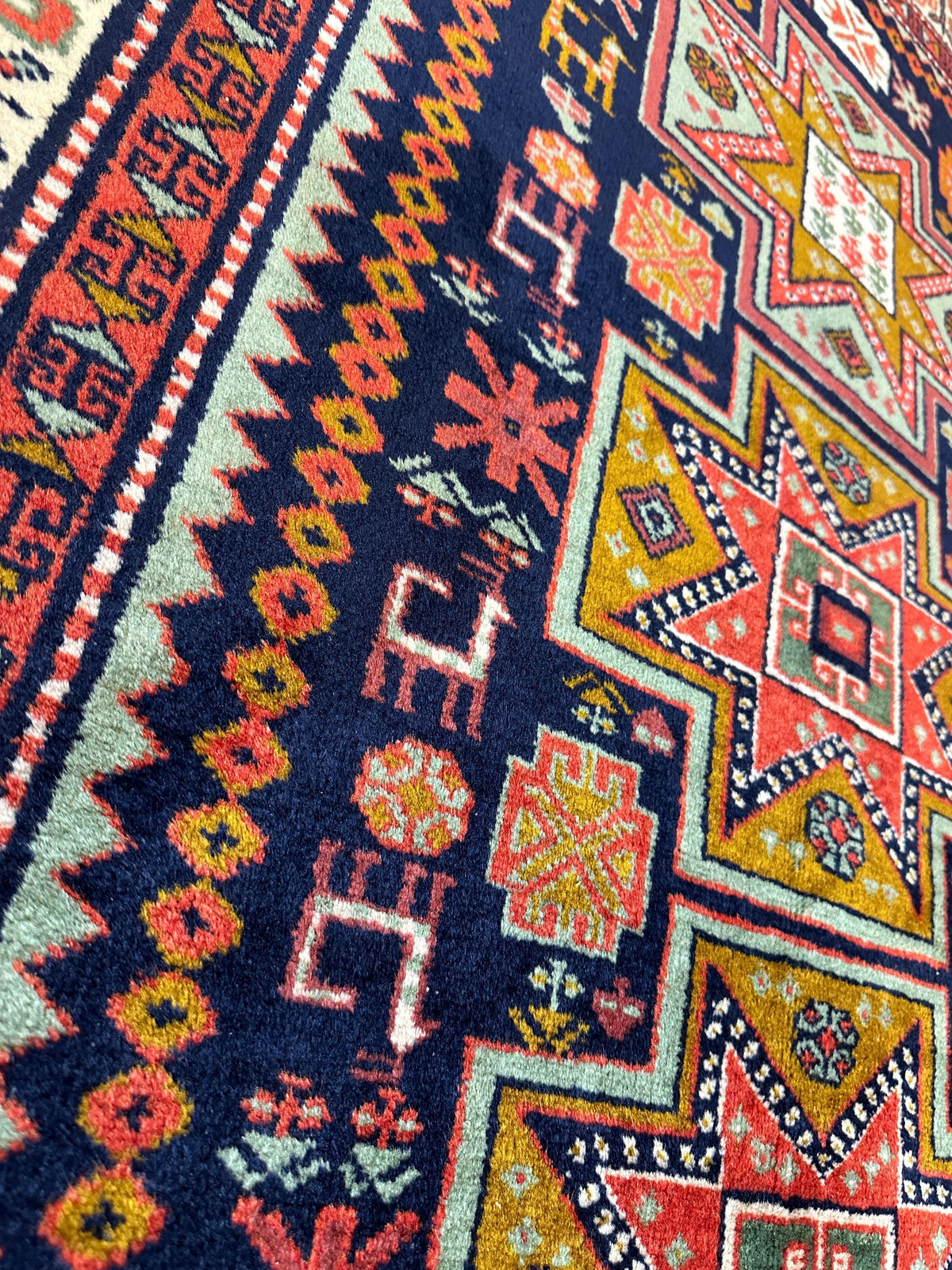 Vintage Caucasian Rug 4x7 | Navy, Ivory & Orange | Hand-Knotted Wool - Rugistan, view 8