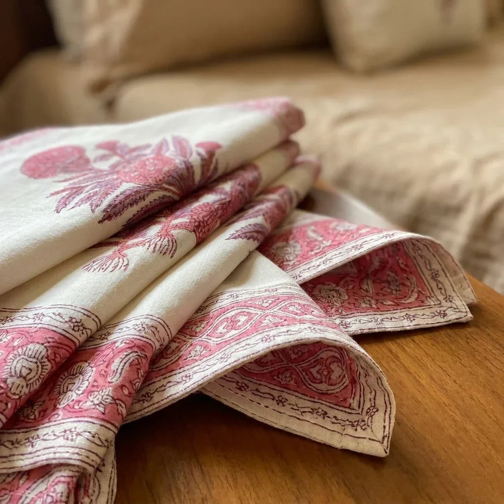 Hand Block Printed Cotton Magenta & Cream 13 Pieces Table Linen Set — House of Avana, view 9 of 11