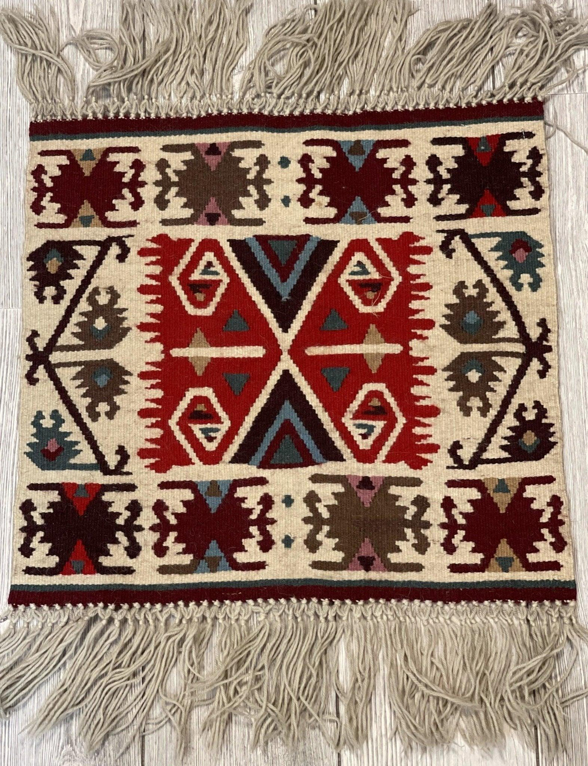 Vintage Bulgarian Kilim Rug 2x2 | Ivory, Red & Navy | Hand-Woven Wool Flatweave - Rugistan