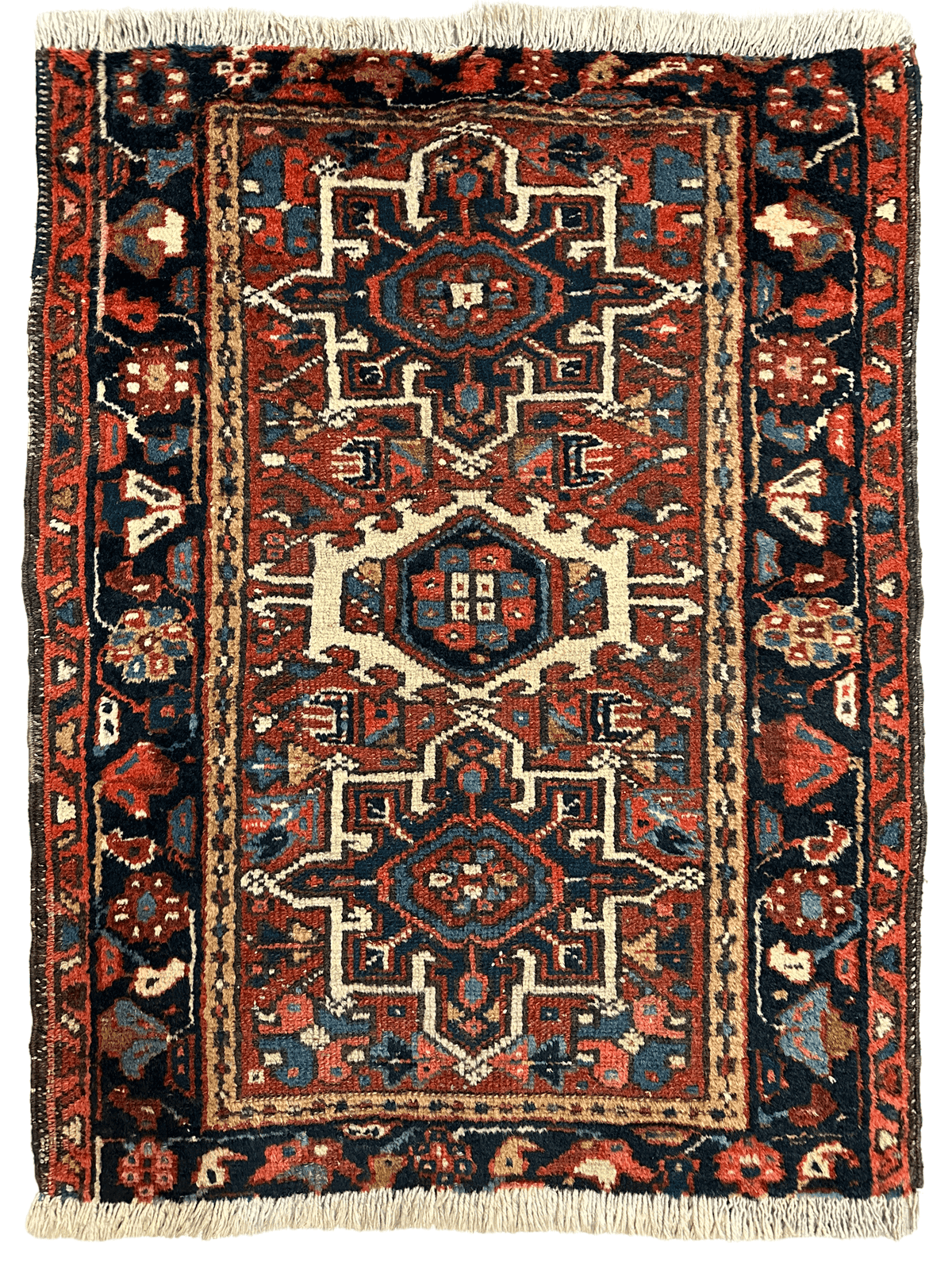 Antique Persian Karaja Rug 2x3 | Rust, Navy & Ivory | Hand-Knotted Wool - Rugistan, view 7